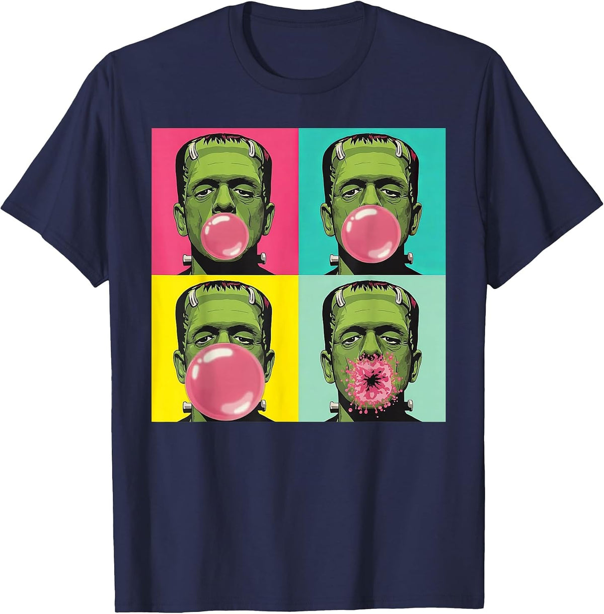 Frankenstein Monster Bubble Gum Funny Pop Art Halloween T-Shirt - Navy Blue