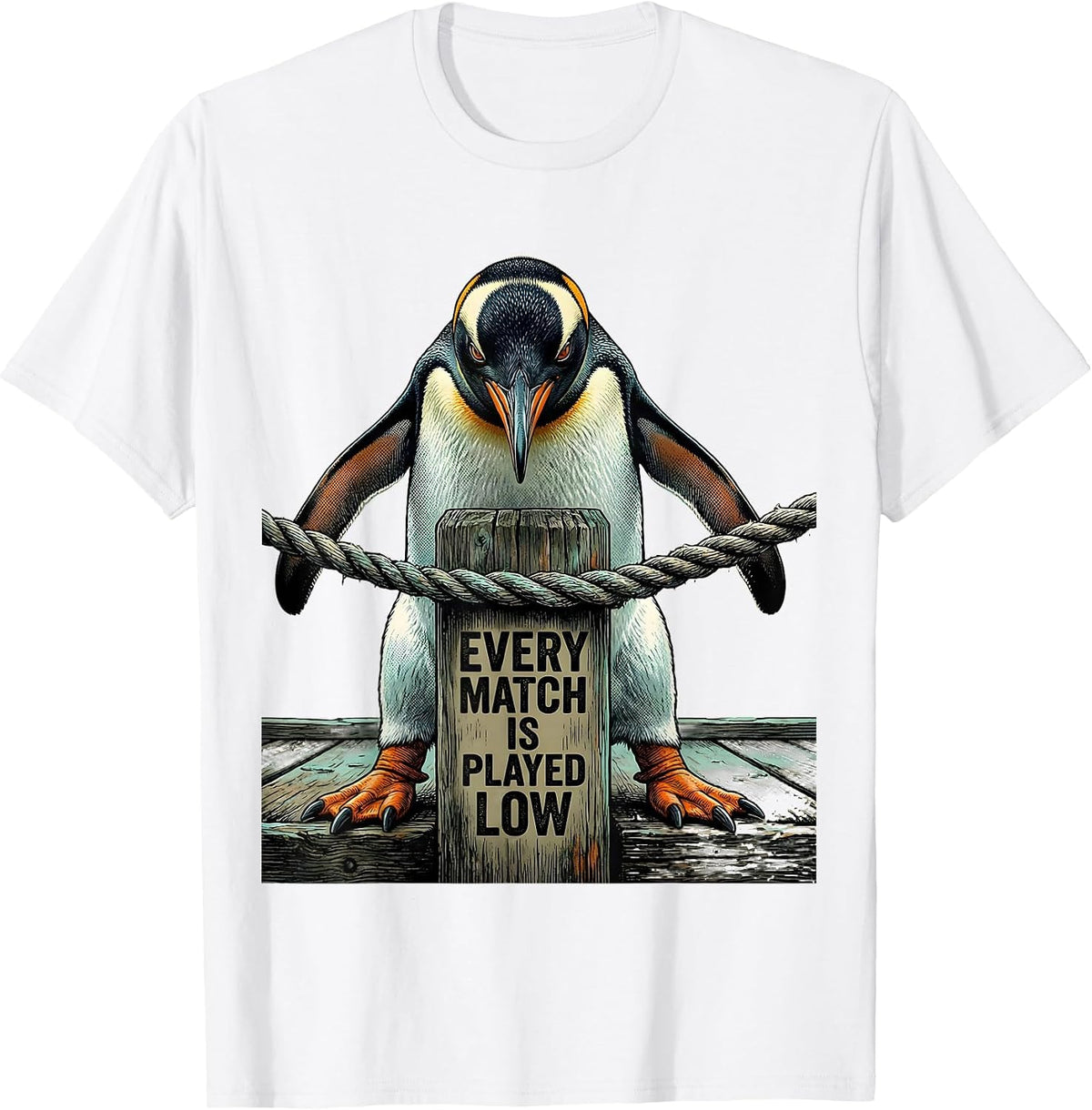 Men's Every Match Is Played Low Funny Penguin Martial Arts Humor T-Shirt - White