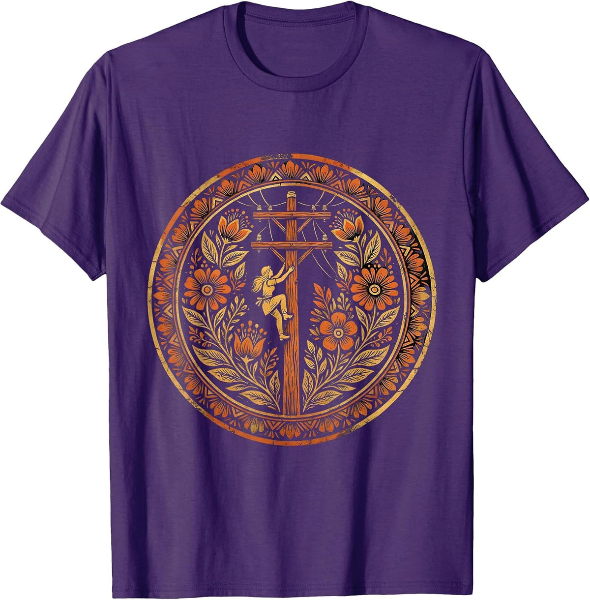 Men's Electrician Climbing Utility Pole Graphic Tee T-Shirt - Purple