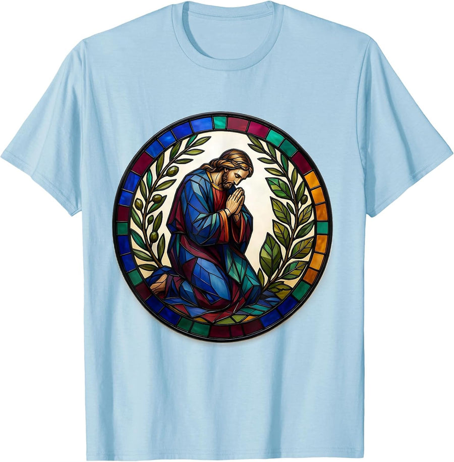 Men's Jesus Kneeling in Garden Prayer Illustration T-Shirt - Baby Blue