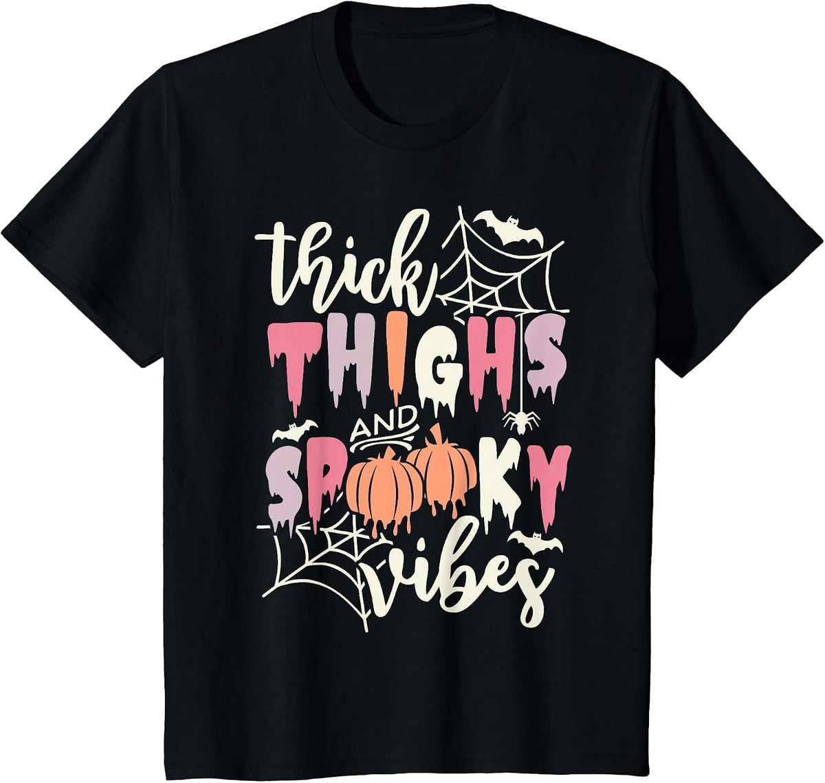 Thick Thighs and Spooky Vibes Retro Groovy Halloween Pumpkin T-Shirt - Black