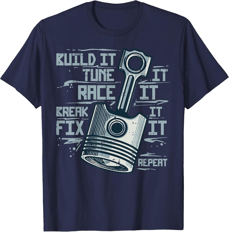 Piston Build Tune Race Car Auto Mechanic Men Women Kid Teens T-Shirt - Navy Blue