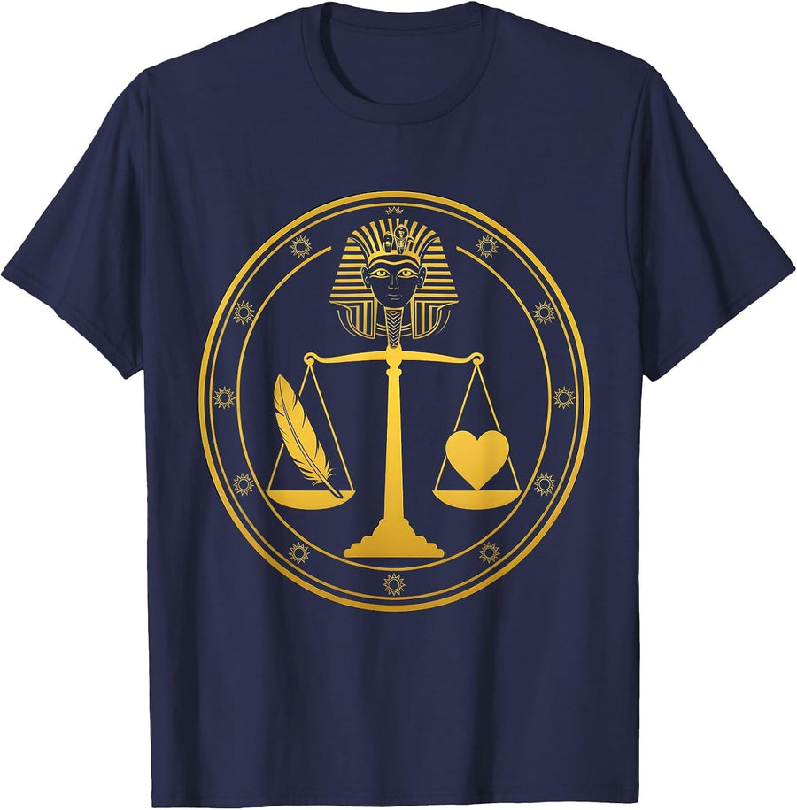 Ancient Scales Feather and Heart Balance Design T-Shirt - Navy Blue