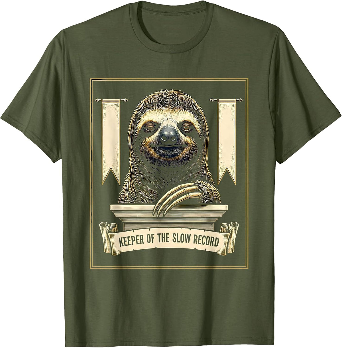 Men's Keeper Of The Slow Record Funny Sloth Lover Animal Humor T-Shirt - Olive Green
