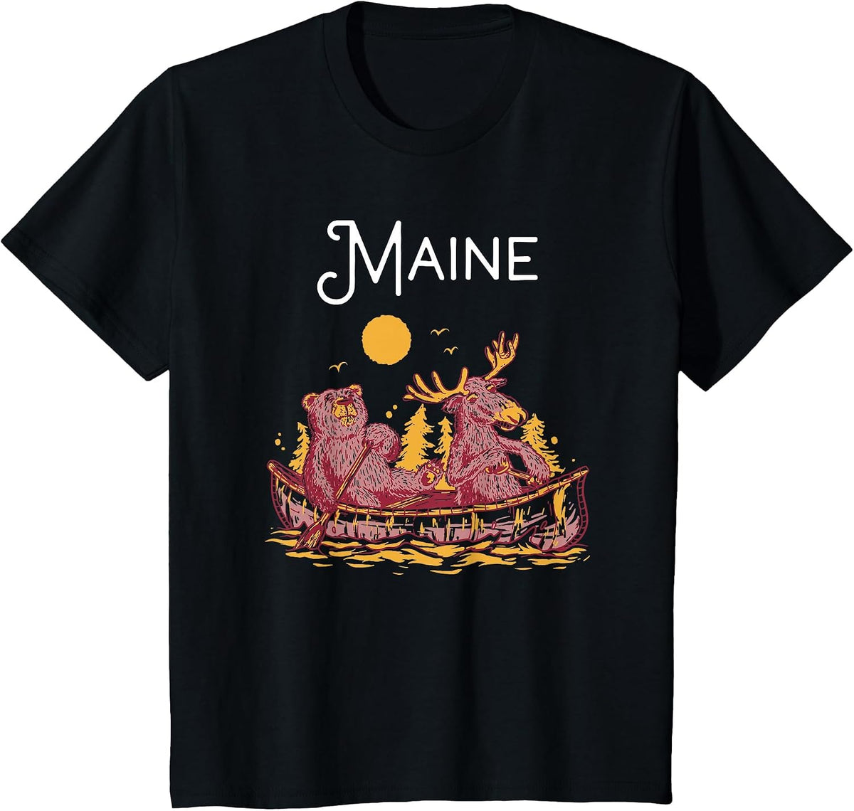 Maine Shirt Funny Canoe Moose Elk Bear Lake Canoeing T-Shirt - Black