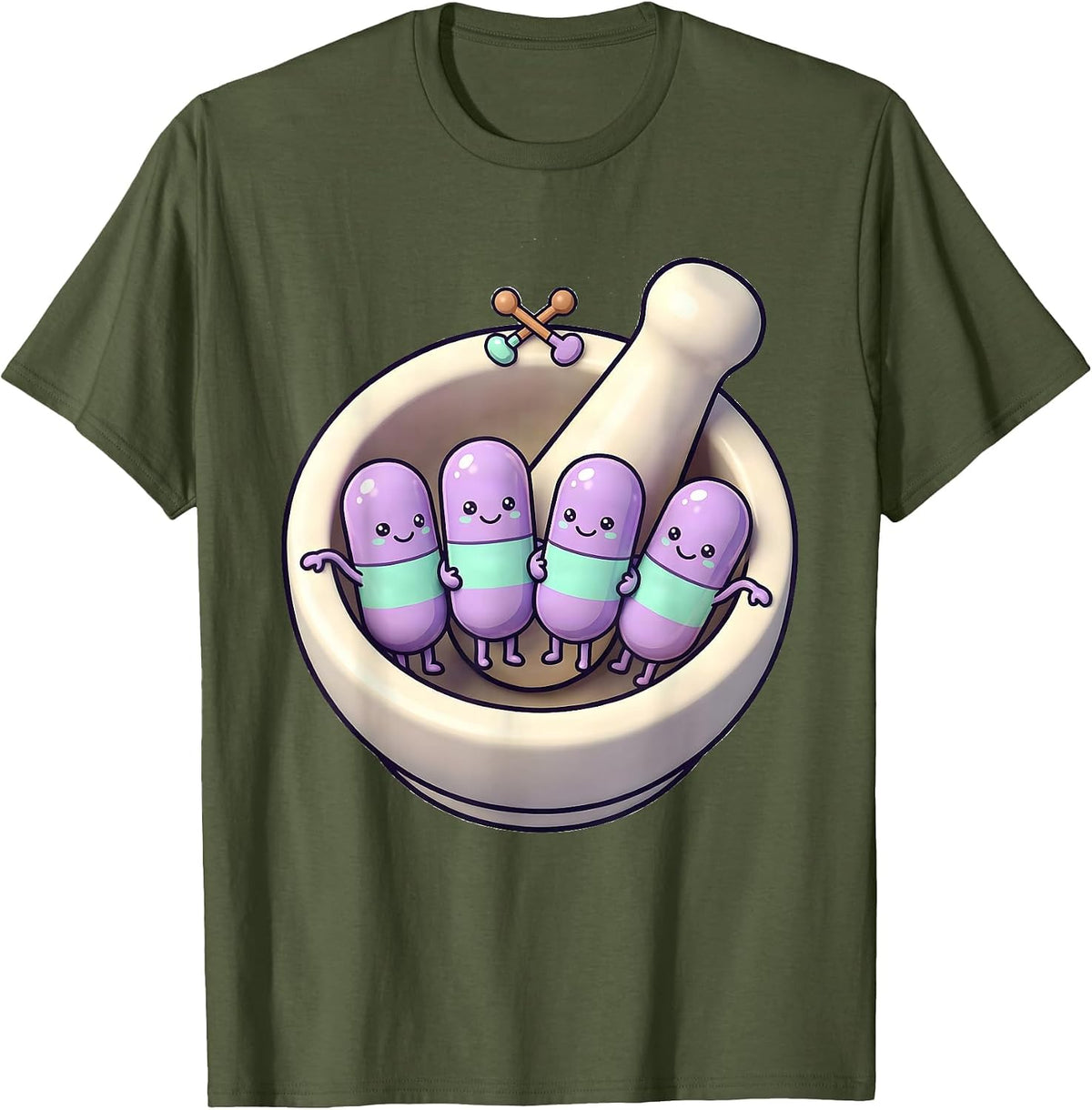 Kawaii Pharmacy Tech Mortar Bowl Cute Humor T-Shirt - Olive Green
