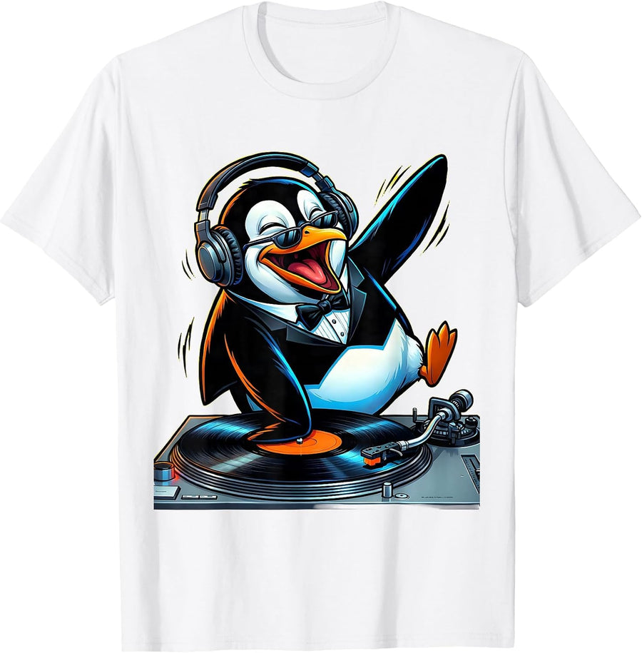 Men's Penguin DJ Spinning Records Turntable Graphic T-Shirt - White