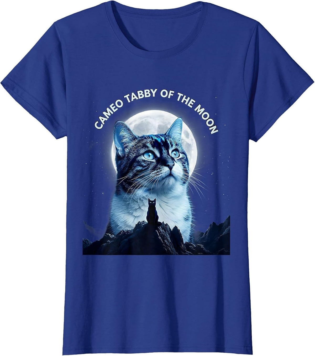 Women's Cameo Tabby Of The Moon Cosmic Cat Lover Retro Humor T-Shirt - Royal Blue