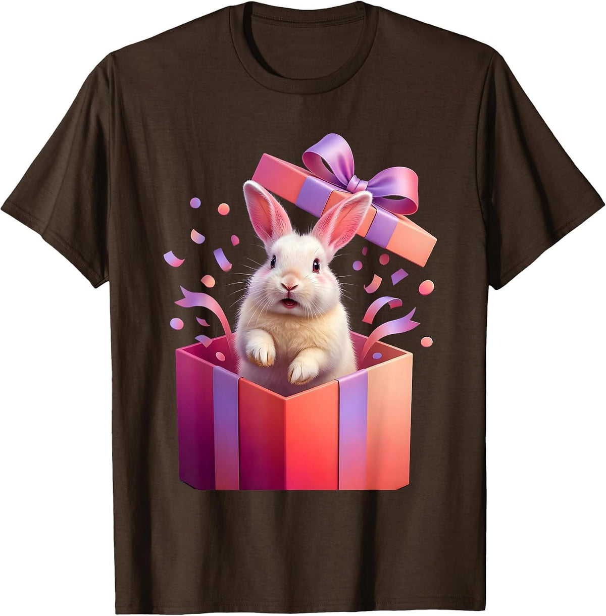 Rabbit Popping Out of Birthday Gift Box T-Shirt - Brown