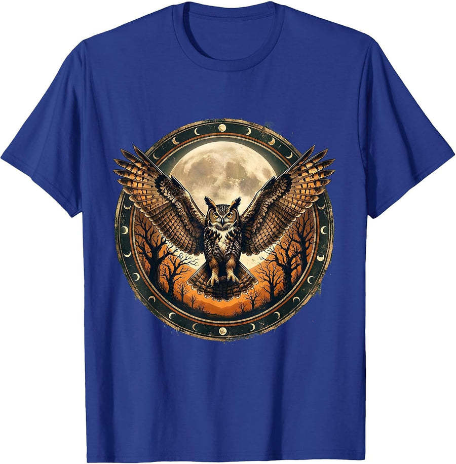 Halloween Owl Spreading Wings Moonlit Clearing T-Shirt - Royal Blue