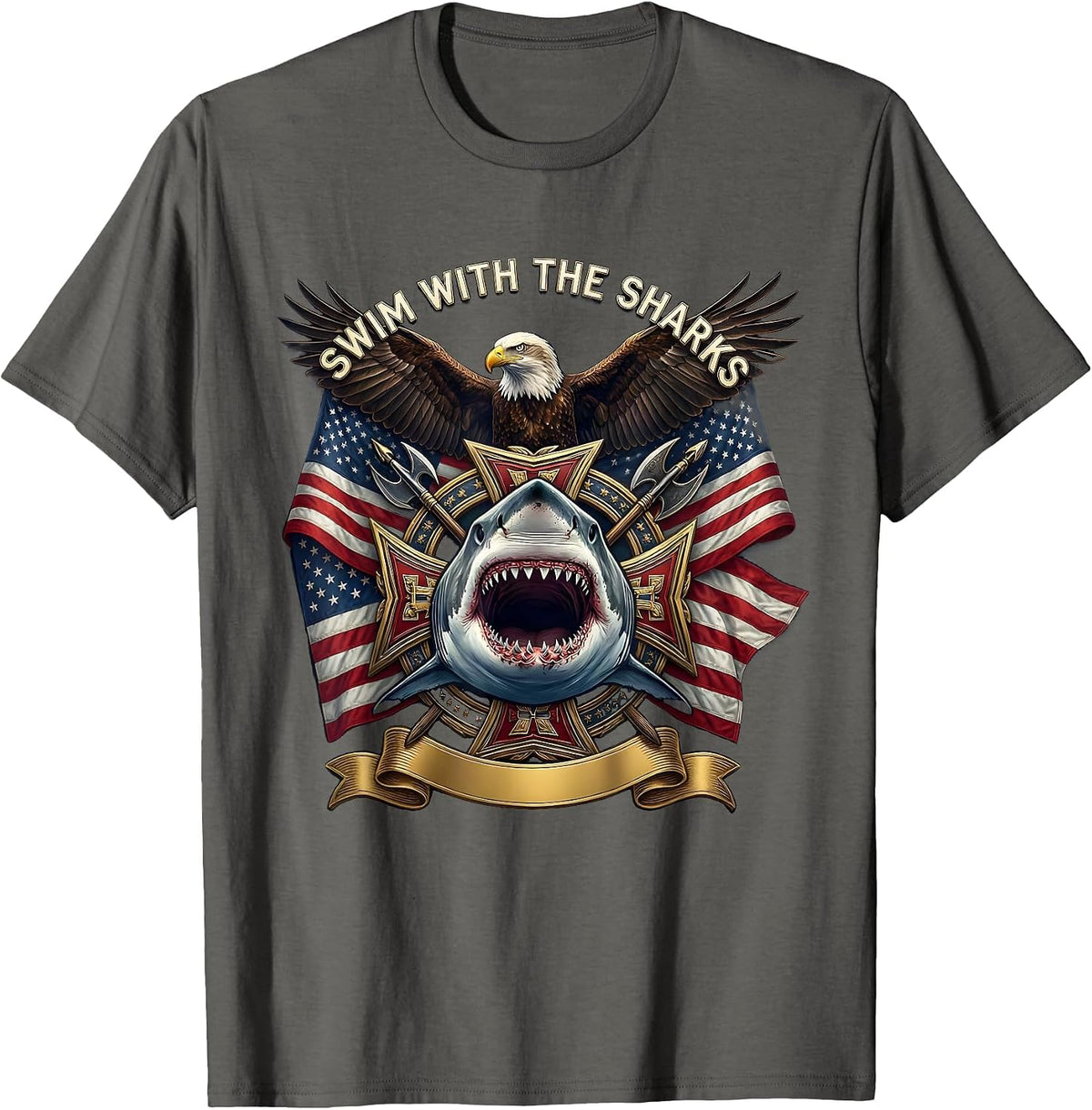 Swim With The Sharks Animal Kingdom Design T-Shirt - Asphalt Grey