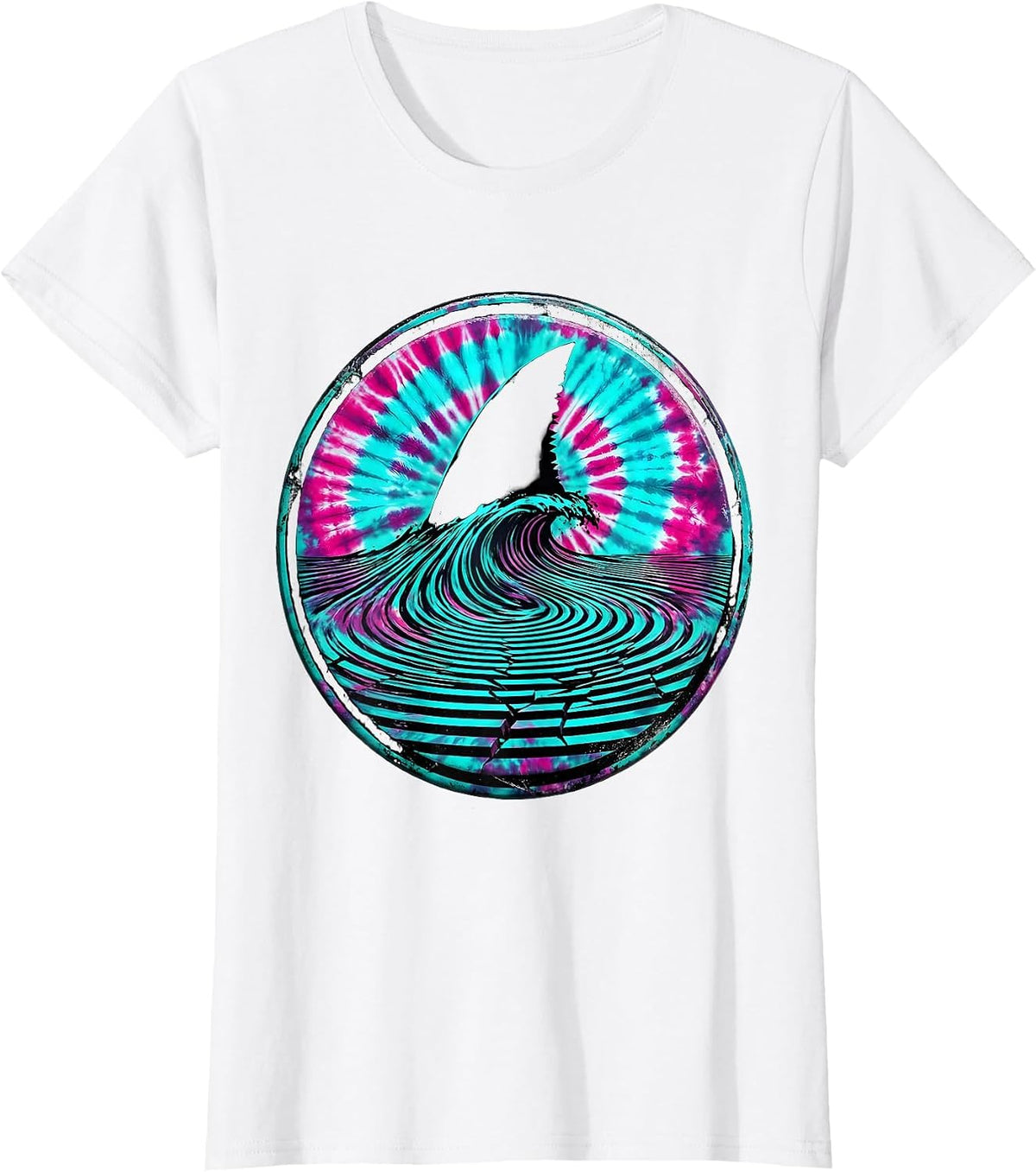 Women's Tie Dye Shark Fin Color Wave Graphic T-Shirt - White