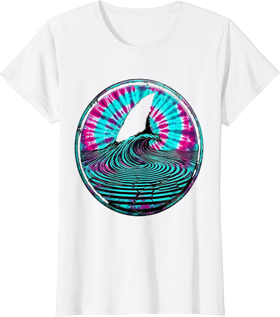 Women's Tie Dye Shark Fin Color Wave Graphic T-Shirt - White