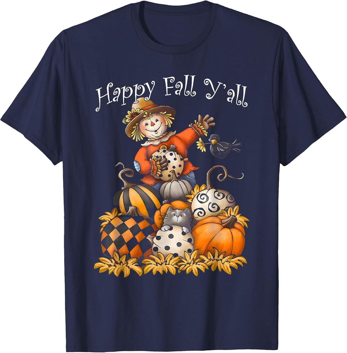Scarecrow Happy Fall Y'all Pumpkin Thanksgiving Halloween T-Shirt - Navy Blue