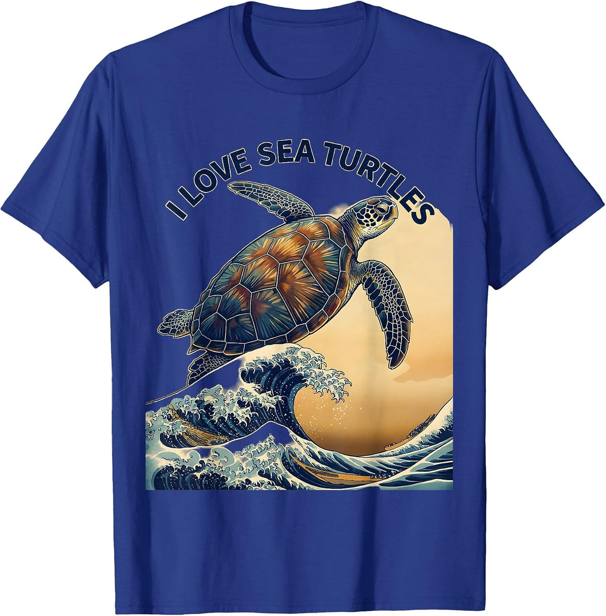 Men's I Love Sea Turtles Ukiyo-e Ocean Animal Lover Beach Art T-Shirt - Royal Blue