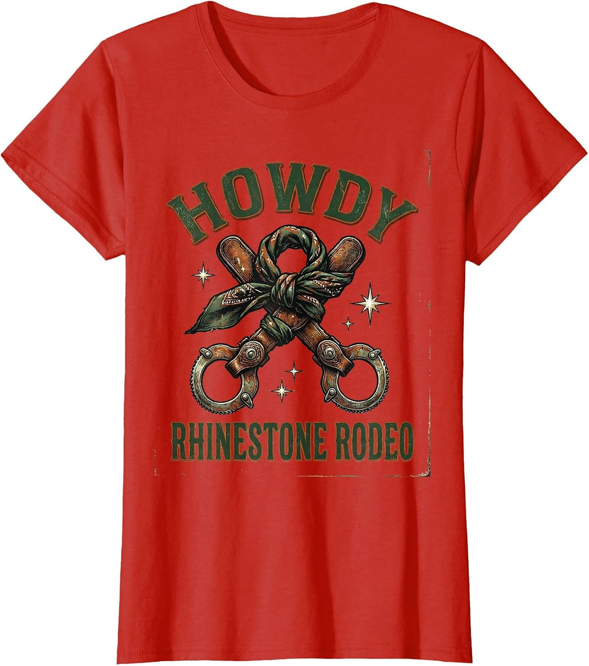 Women's Howdy Rhinestone Rodeo Vintage Western Cowgirl Boot Bling T-Shirt - Red