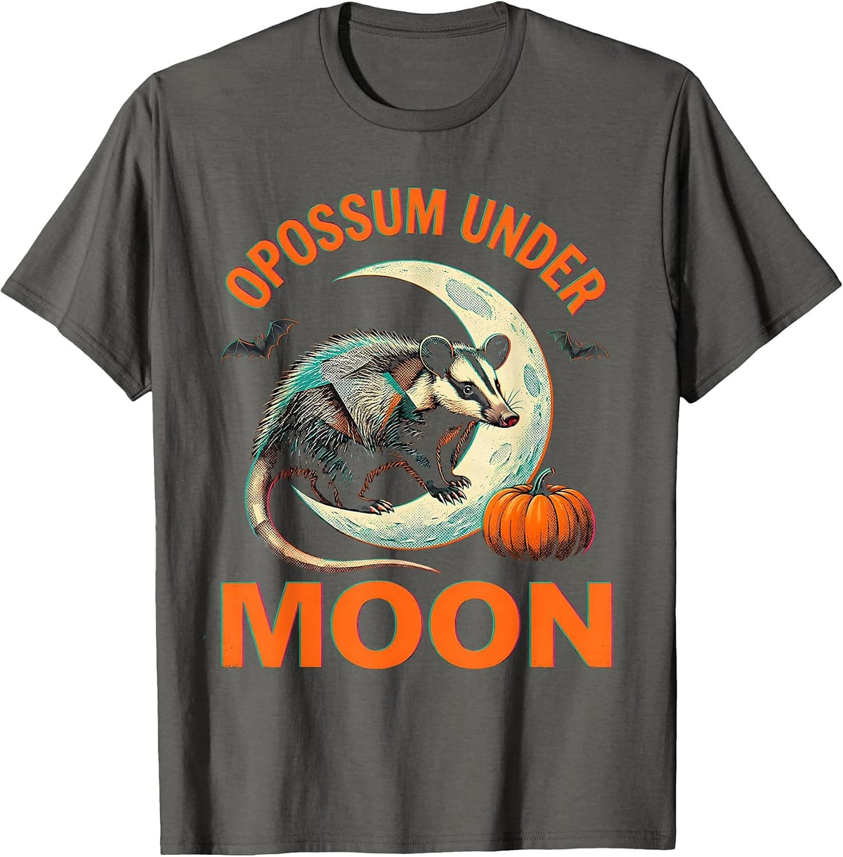 Opossum Under Moon Risograph Halloween Spooky Novelty T-Shirt - Asphalt Grey