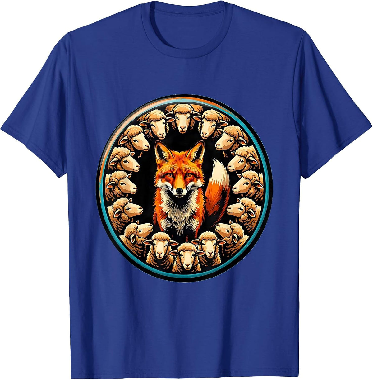 Lone Fox in a Crowd of Sheep Illustration T-Shirt - Royal Blue
