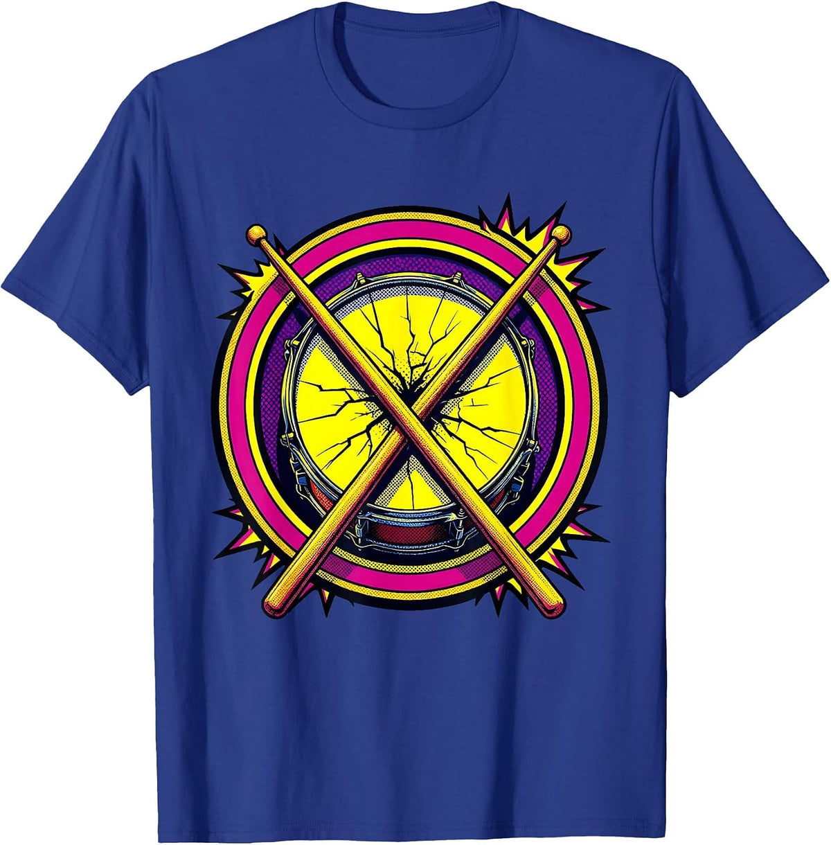 80s Rock Crossed Drumsticks Cracked Snare Drum T-Shirt - Royal Blue