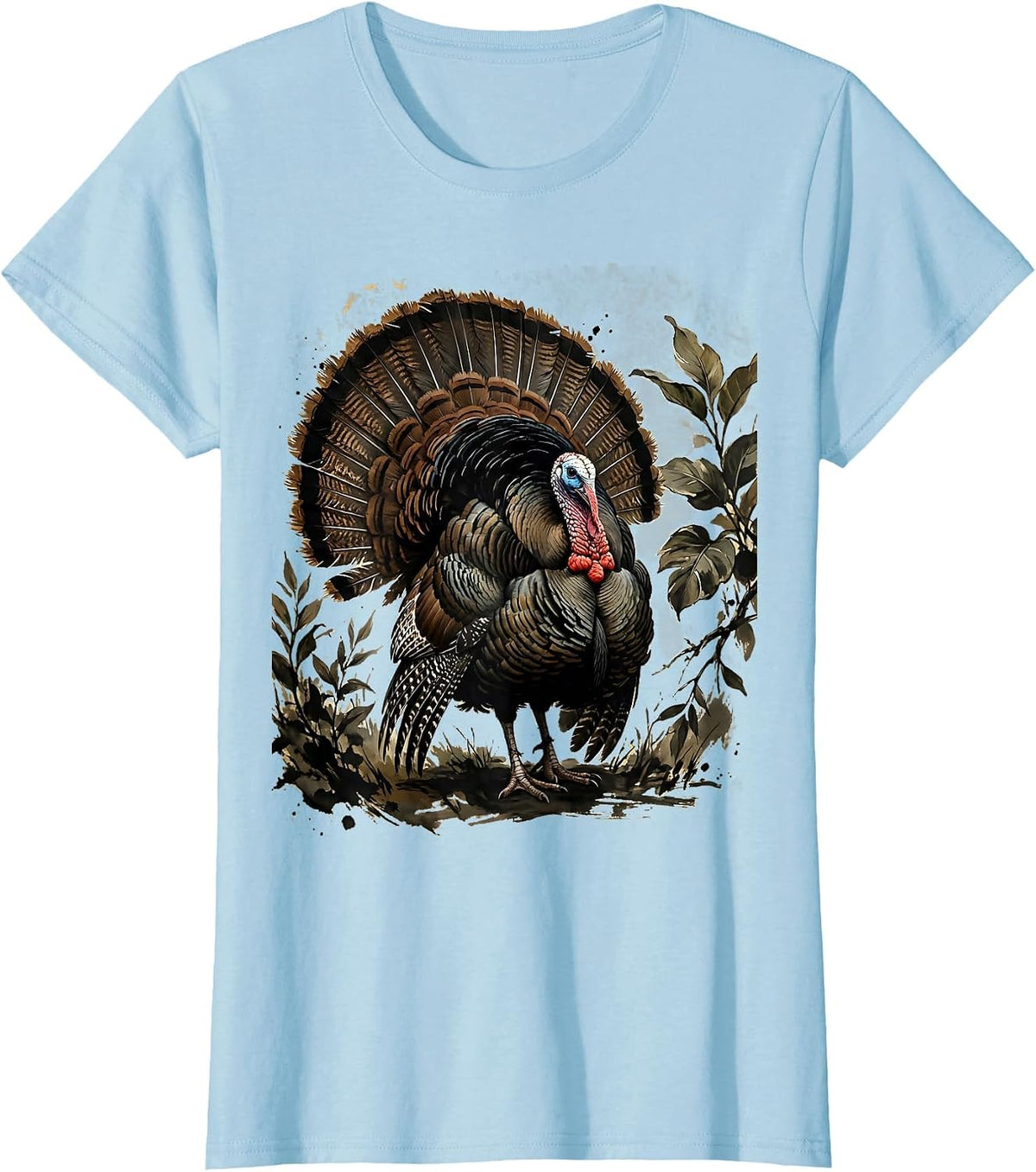 Wild Turkey Camo Foliage Hunting Illustration T-Shirt - Baby Blue