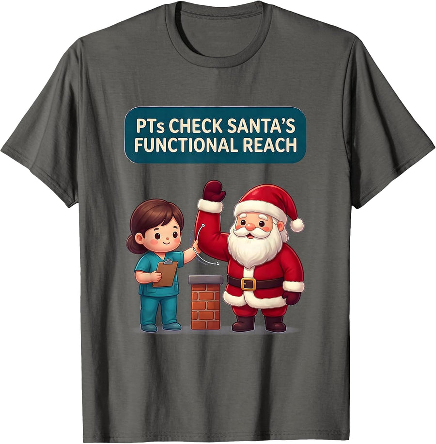 PTs Check Santa's Functional Reach Cute Kawaii Physical T-Shirt - Asphalt Grey