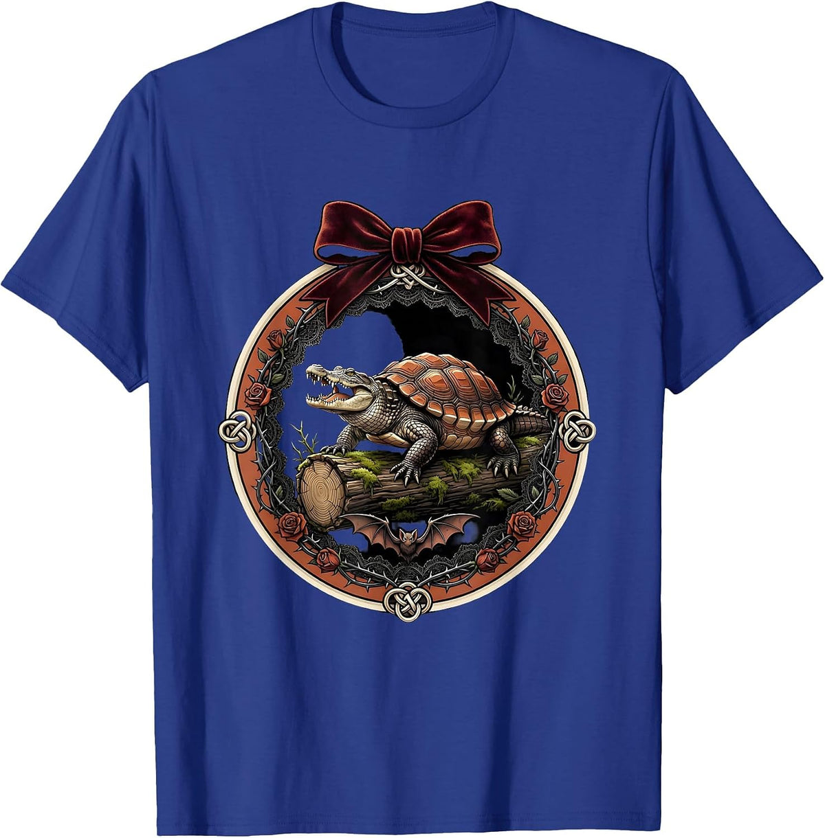 Men's Alligator Snapping Turtle on Mossy Log Illustration T-Shirt - Royal Blue