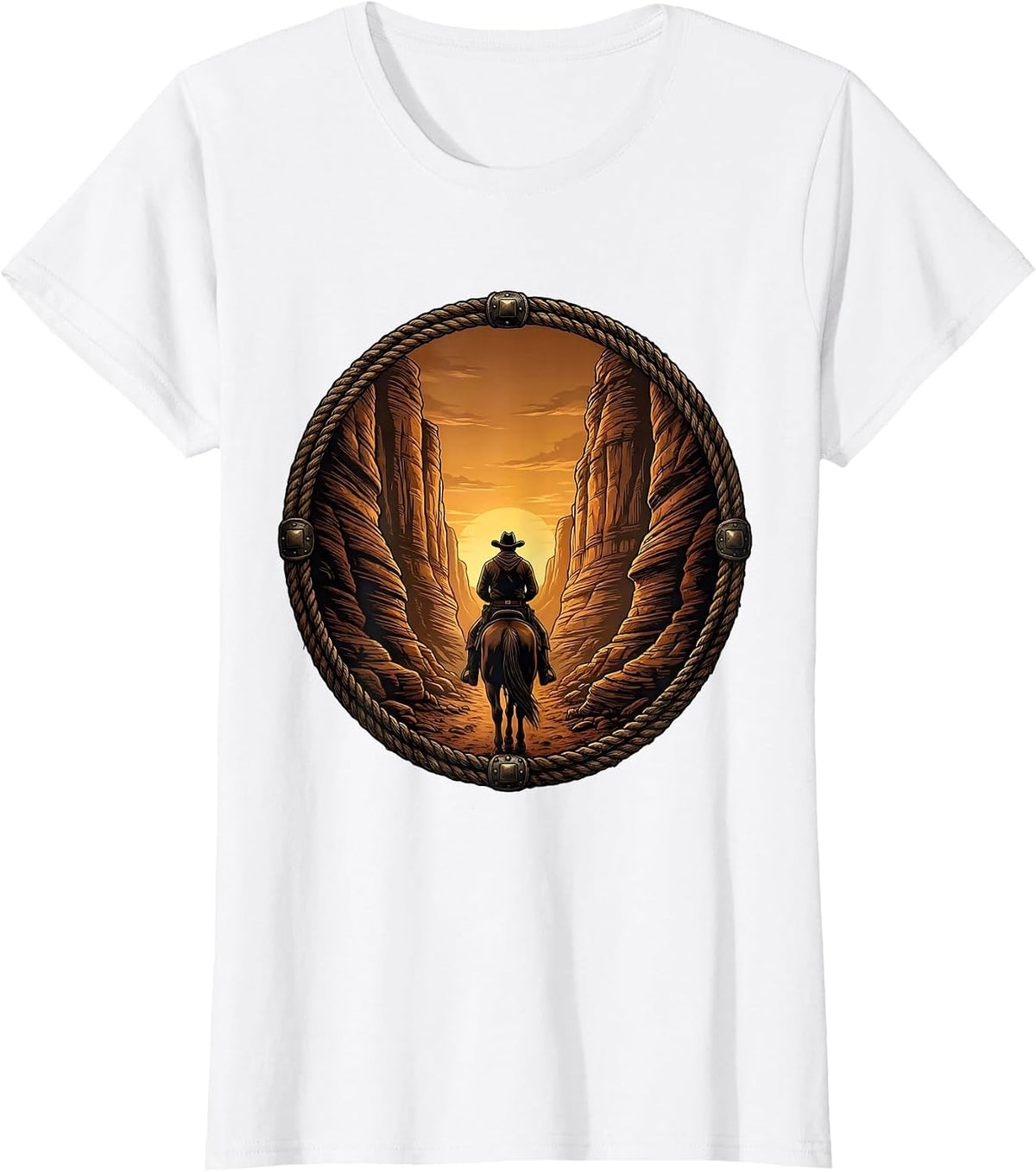 Women's Cowboy Riding Through Canyon Tunnel Western Art T-Shirt - White
