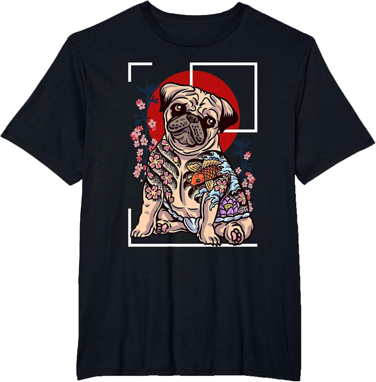 Japanese Tattoo Pug Dog Lover of Pug Yakuza Style Koi Fish T-Shirt - Black