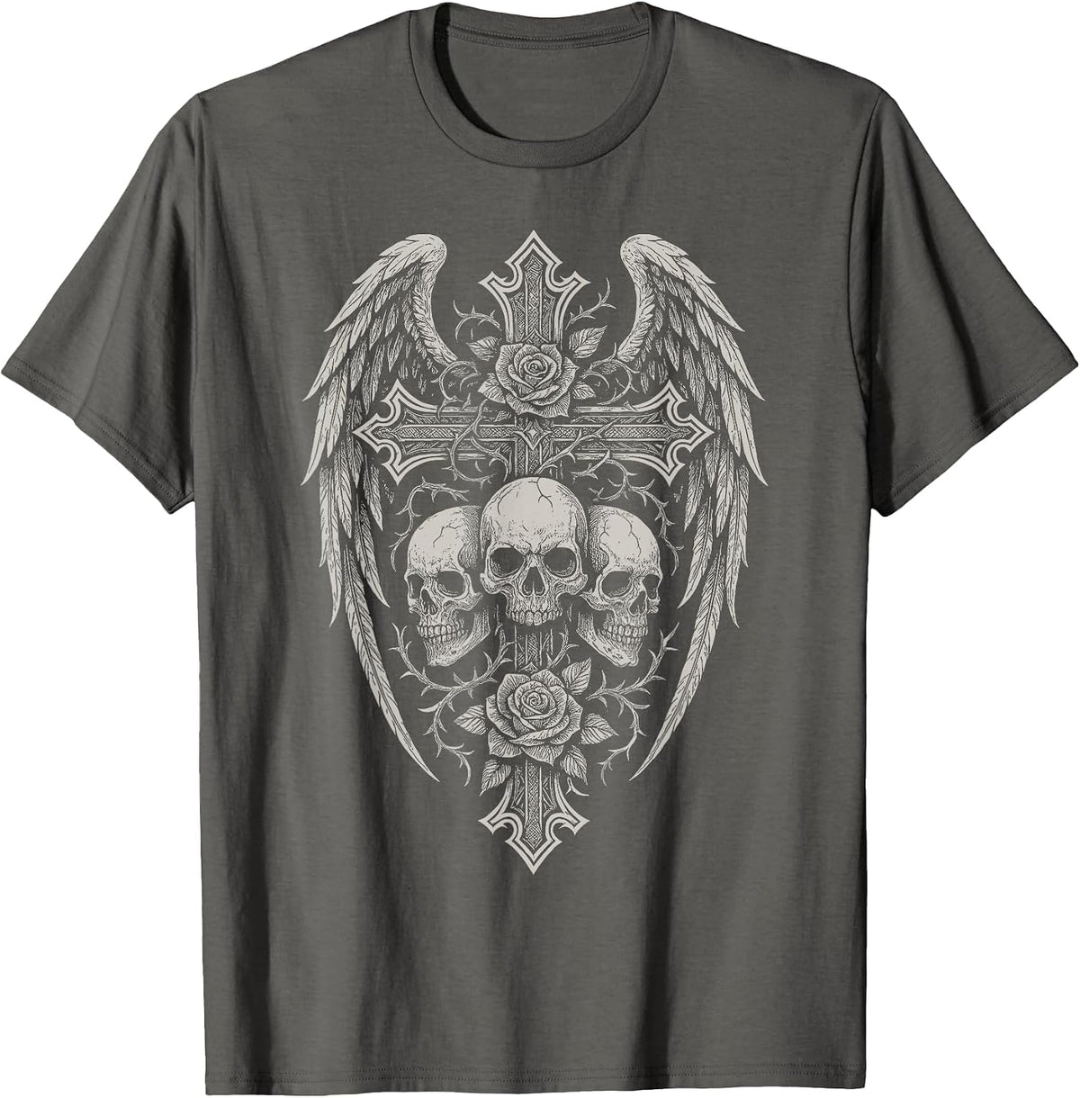 Y2K Grunge Aesthetic Alt Goth Skull Cross Gothic T-Shirt - Asphalt Grey