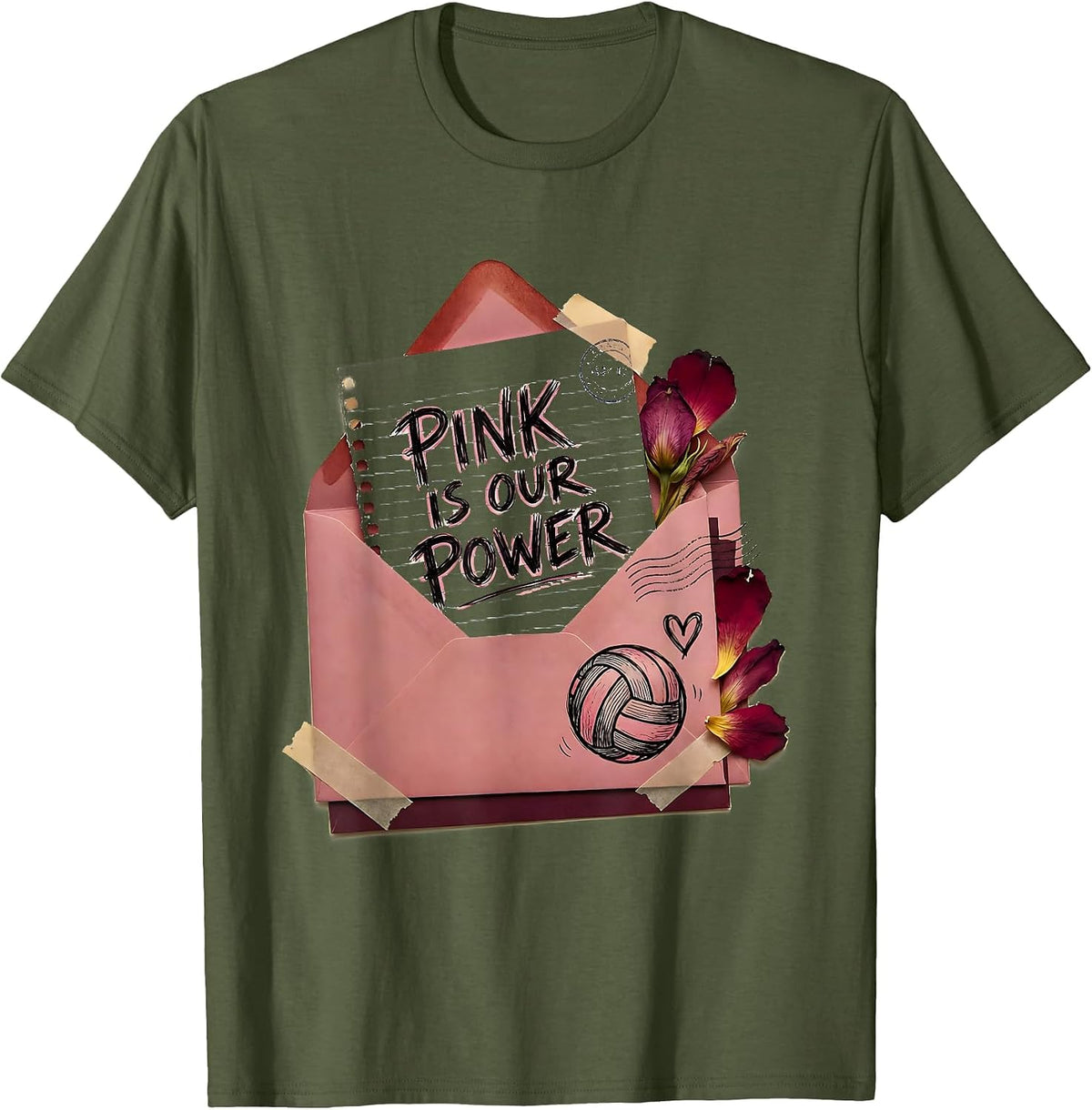 Pink Is Our Power Volleyball Pink Out Design T-Shirt - Olive Green