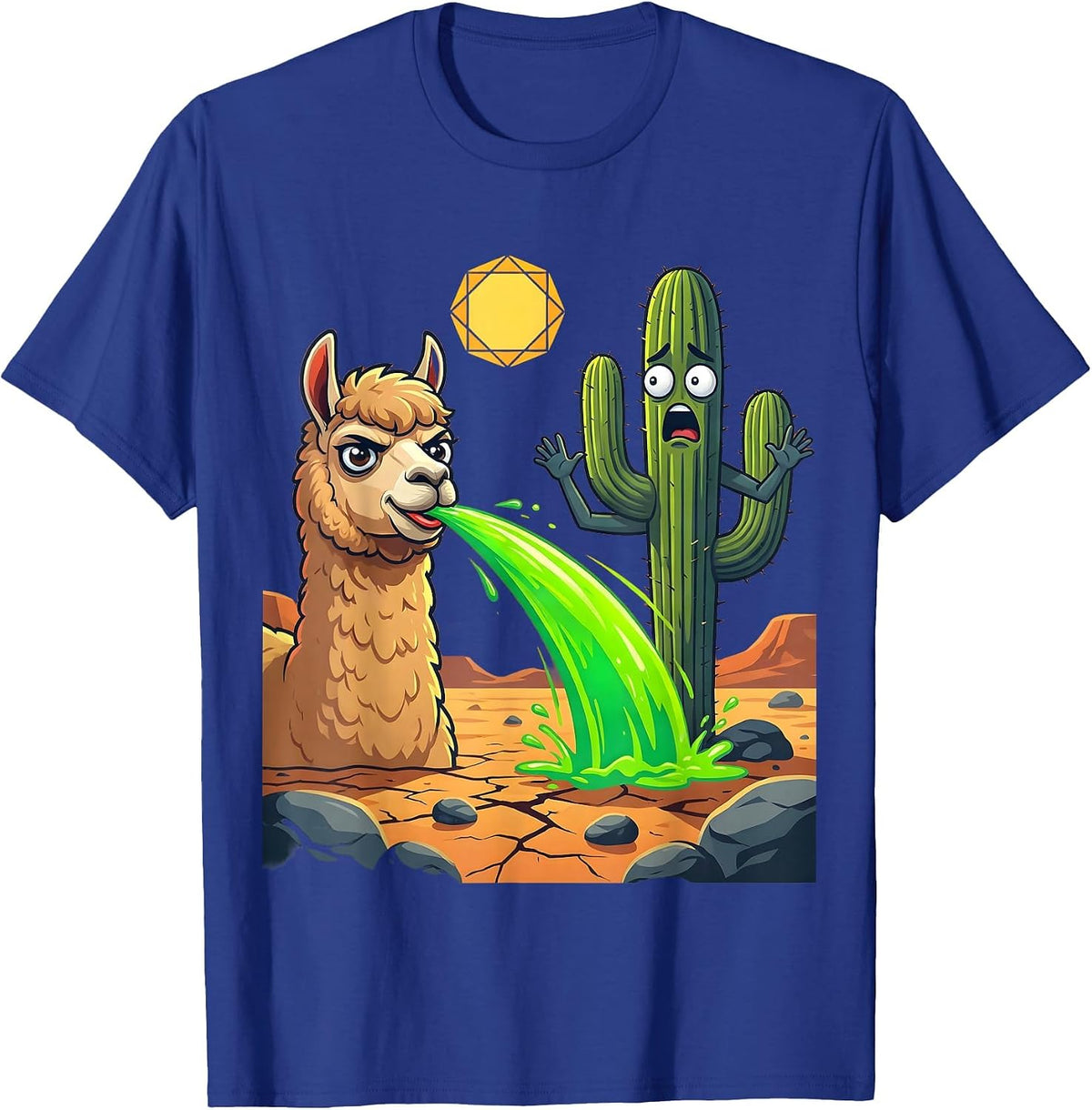 Funny Llama Spitting at Cactus Desert Scene T-Shirt - Royal Blue