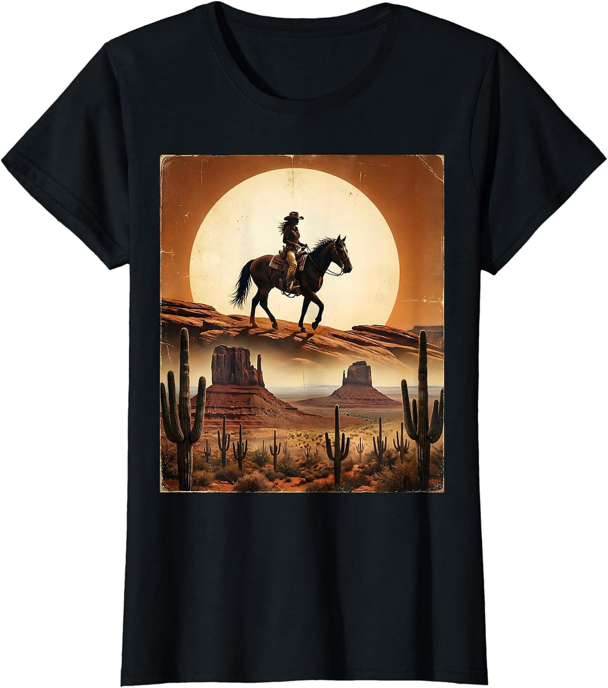 Cowgirl Silhouette Desert Sunset Western Art T-Shirt - Black