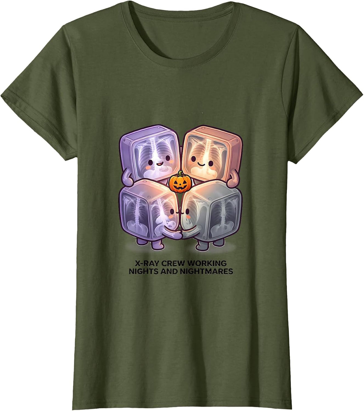 Women's X-Ray Crew Working Nights And Nightmares Cute T-Shirt - Olive Green
