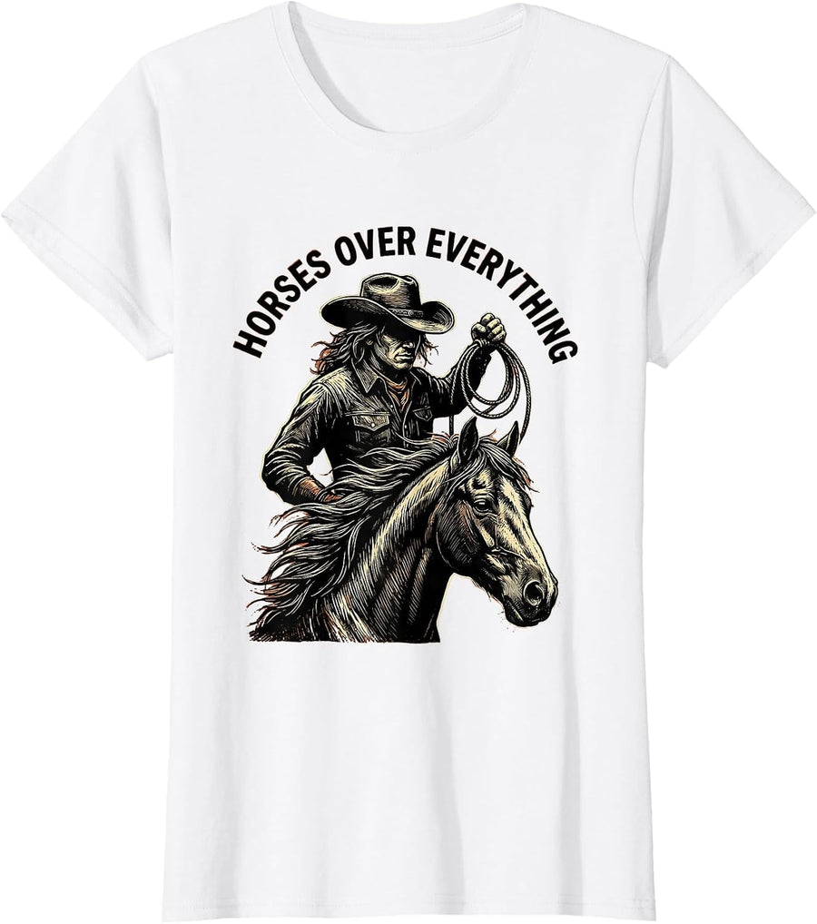 Women's Horses Over Everything Cowgirl Design T-Shirt - White