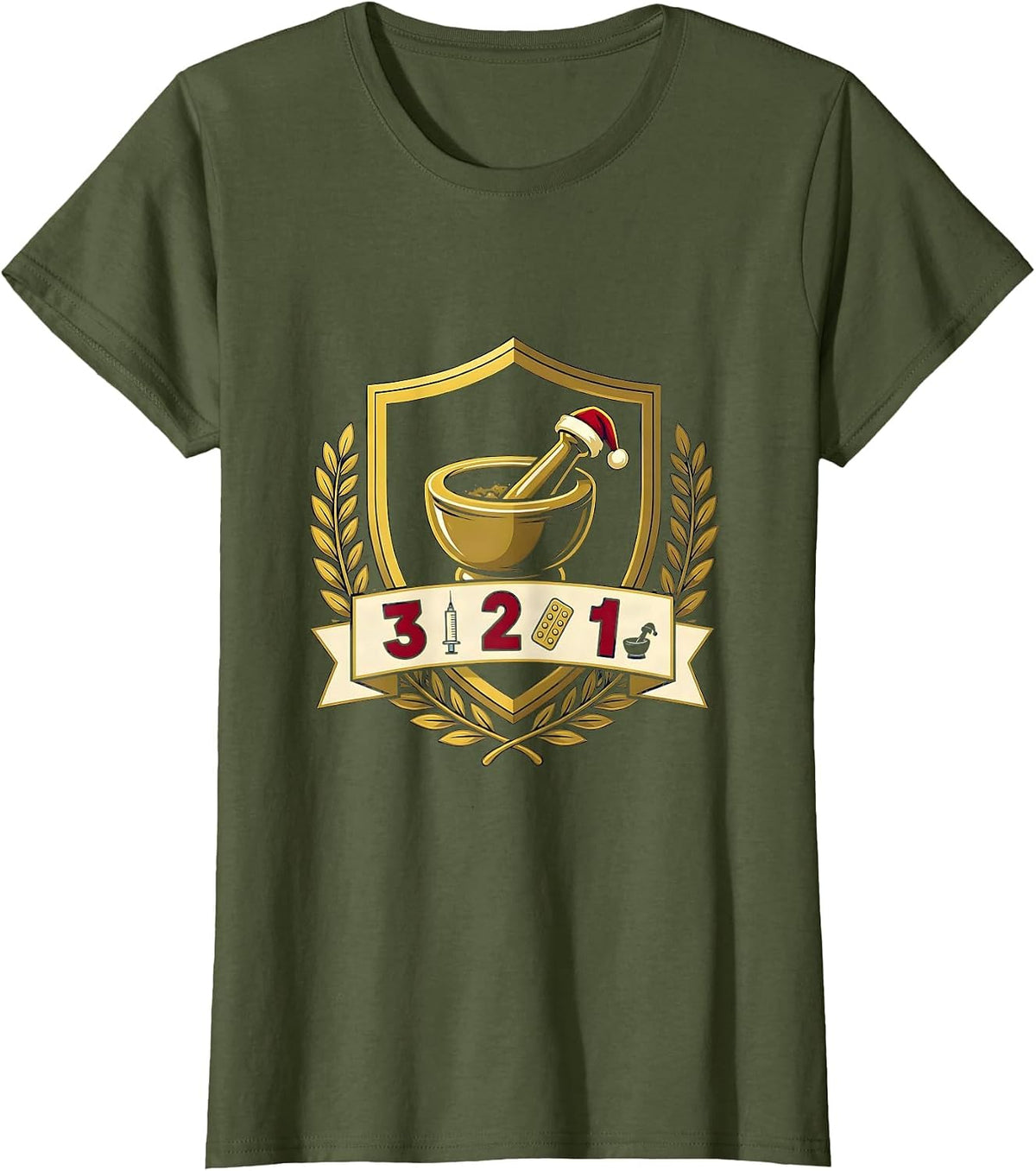 Women's 3 Flu Shots, 2 Unit-Dose Trays, 1 Santa Hat Mortar Pharmacy T-Shirt - Olive Green