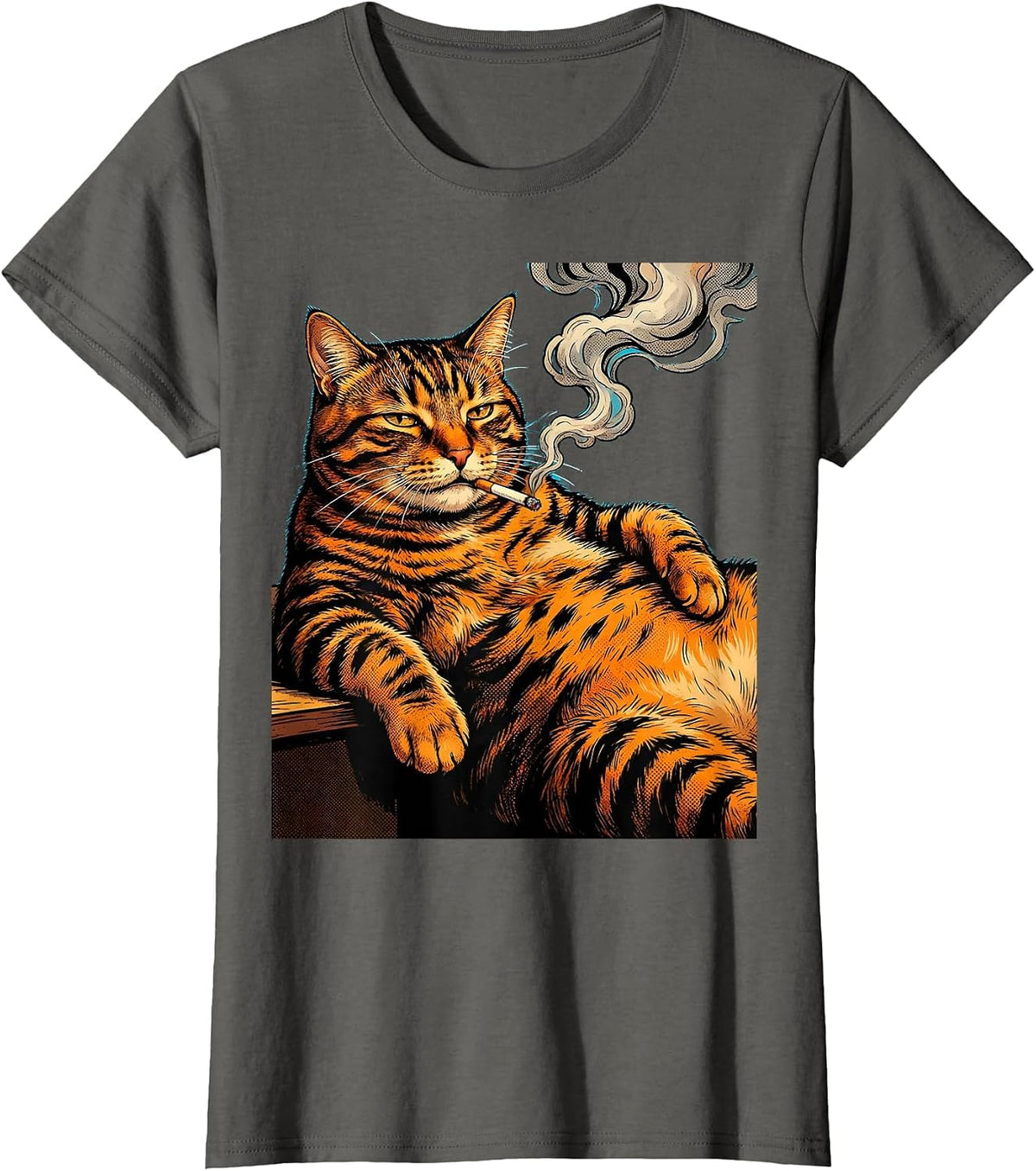 Women's Fat Tabby Cat Lounging With Cigarette Graphic T-Shirt - Asphalt Grey
