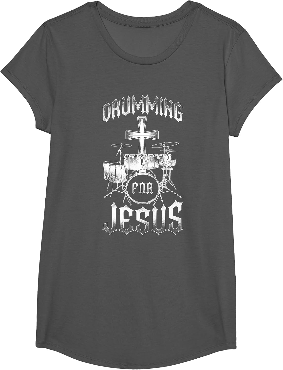 Drummer Drum Set Jesus Faith Cross Vintage Drumming for T-Shirt - Girls Asphalt Grey