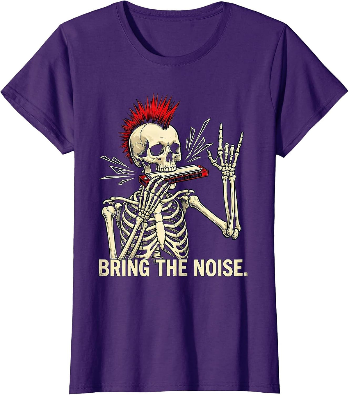 Women's Bring The Noise Punk Rock Skeleton Skull Halloween Music T-Shirt - Purple