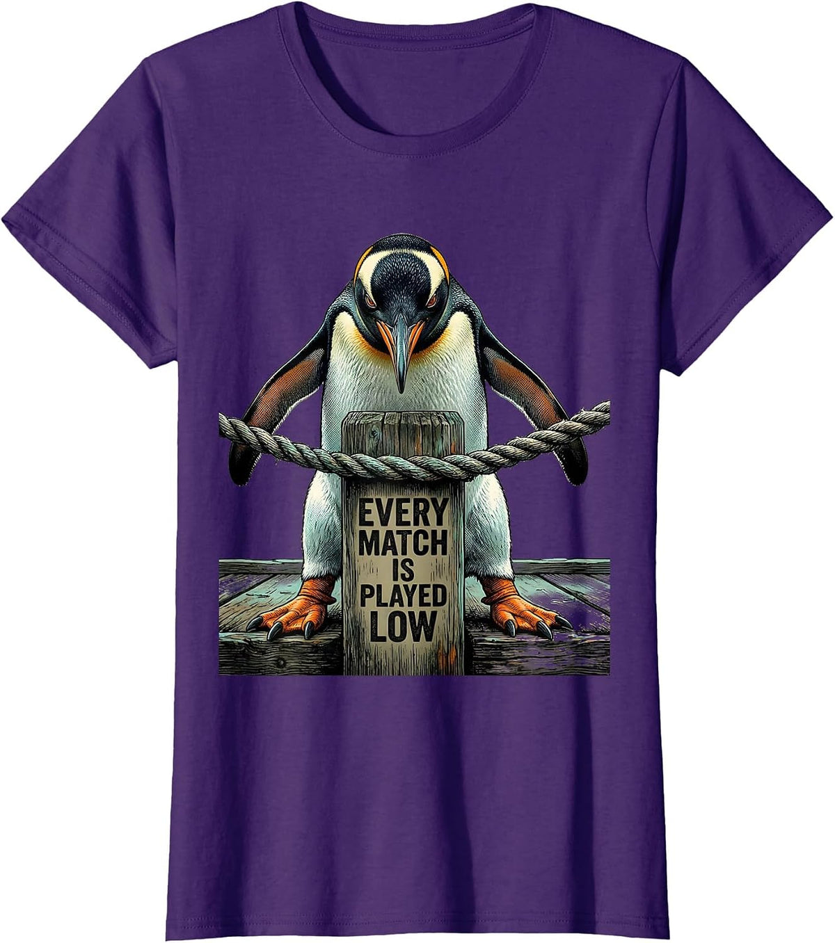 Women's Every Match Is Played Low Funny Penguin Martial Arts Humor T-Shirt - Purple
