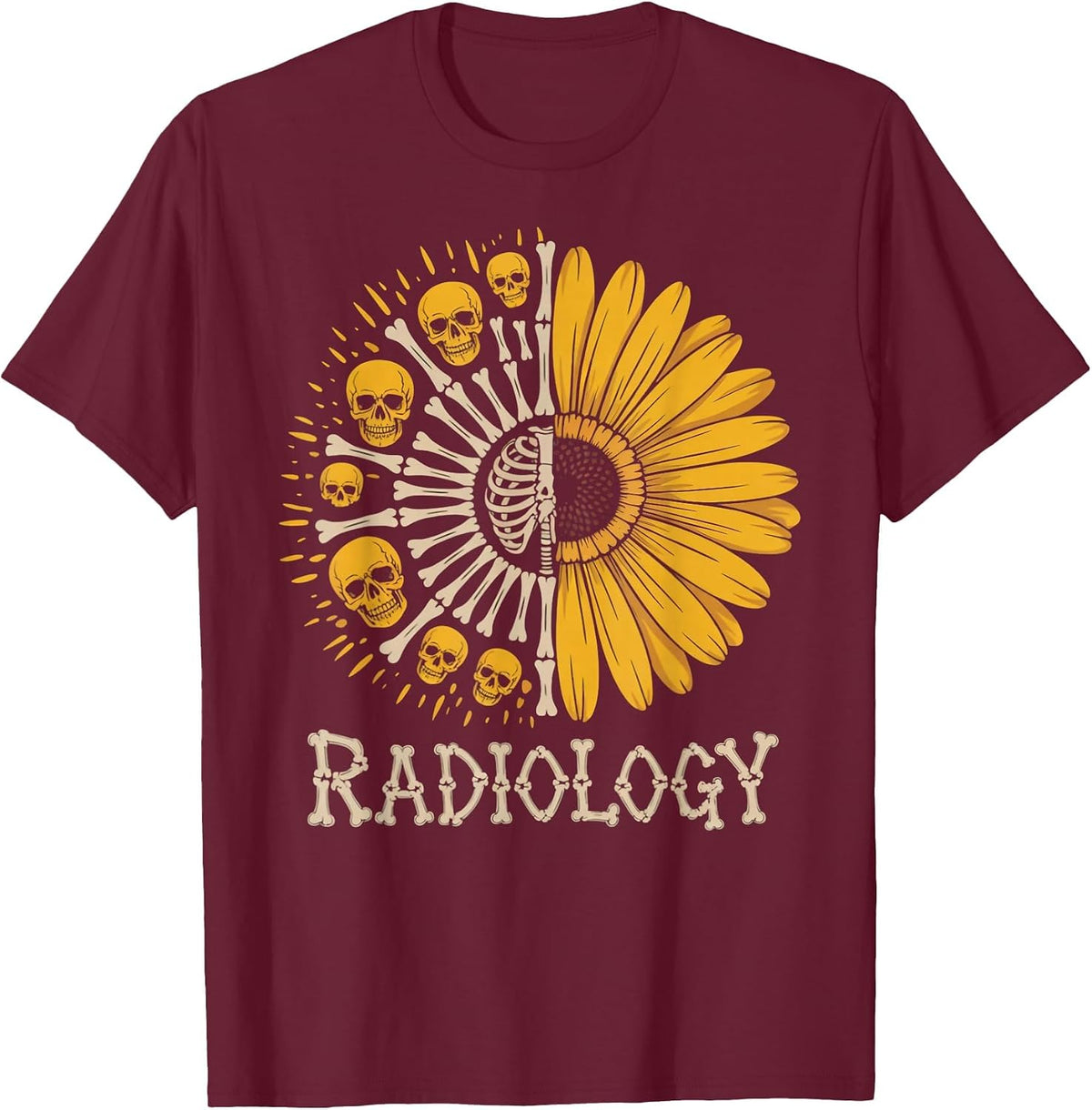 Sunflower Skeleton Radiology Technician Radiologist T-Shirt - Burgundy