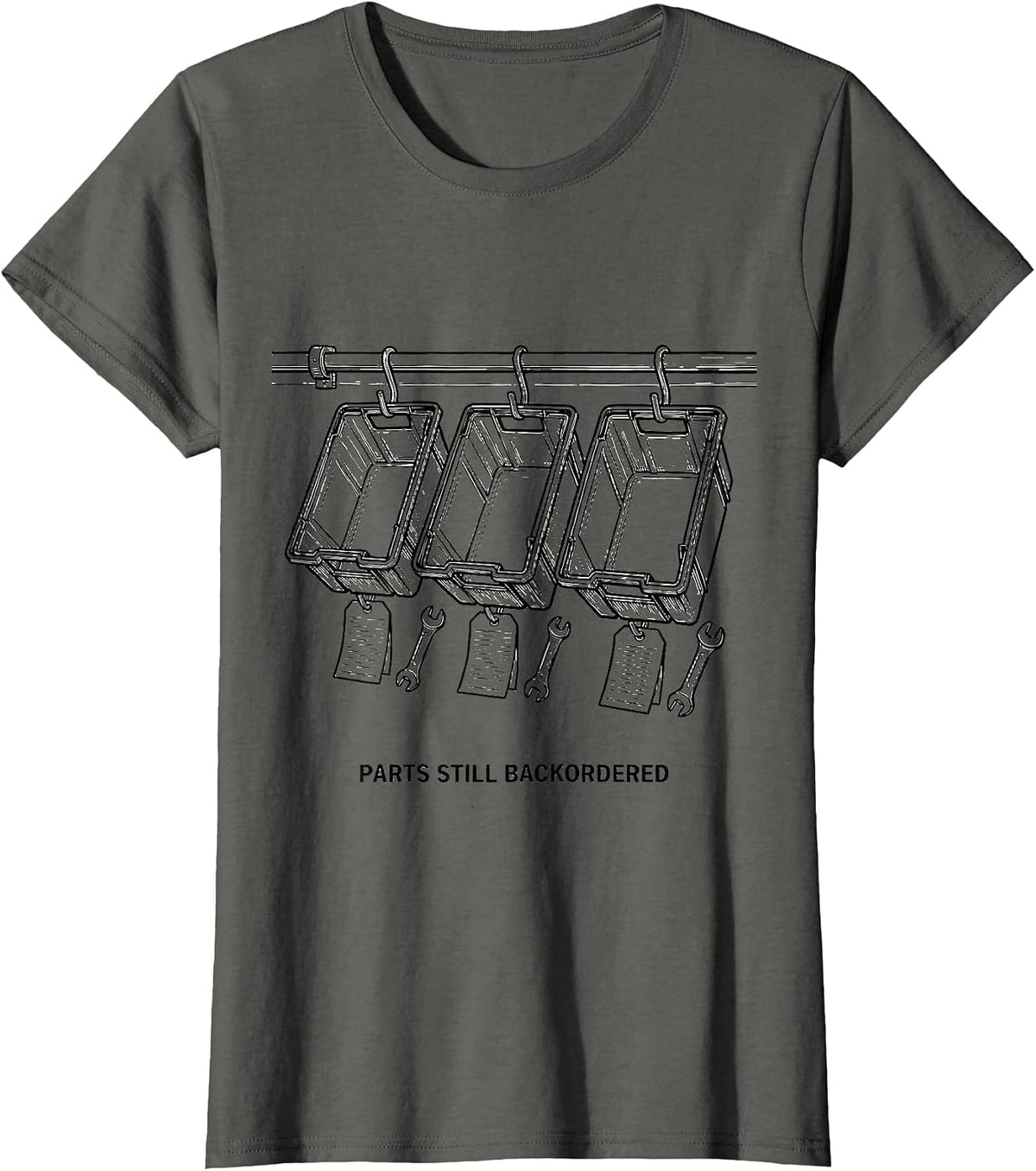 Women's PARTS STILL BACKORDERED Funny Mechanic Skeleton Auto Repair T-Shirt - Asphalt Grey