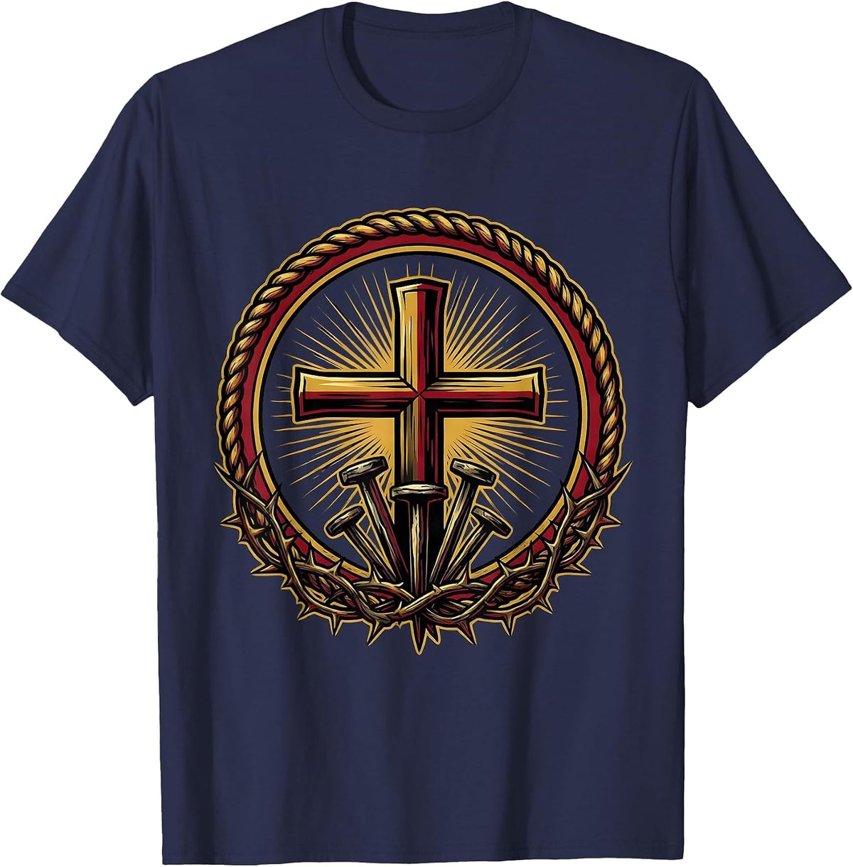 Glowing Cross Three Nails Faith Graphic Design T-Shirt - Navy Blue