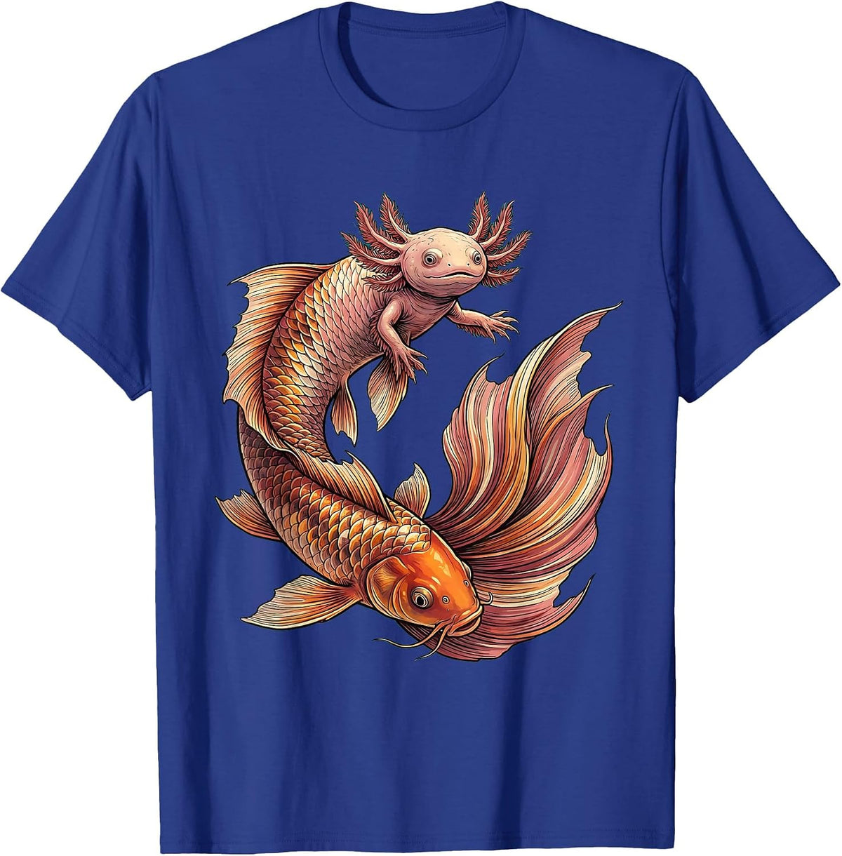 Men's Axolotl Riding Giant Koi Fish Graphic Tee T-Shirt - Royal Blue