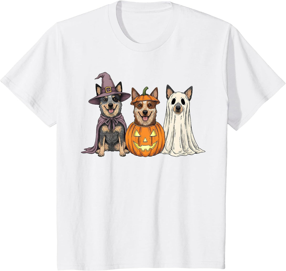 Spooky Ghost Blue Heeler Pumpkin Halloween Dog Lover T-Shirt - White