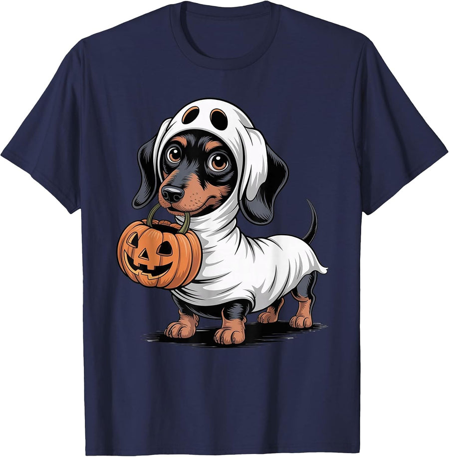 Cute Dachshund Ghost Pumpkin Sausage Dog Halloween Costume T-Shirt - Navy Blue