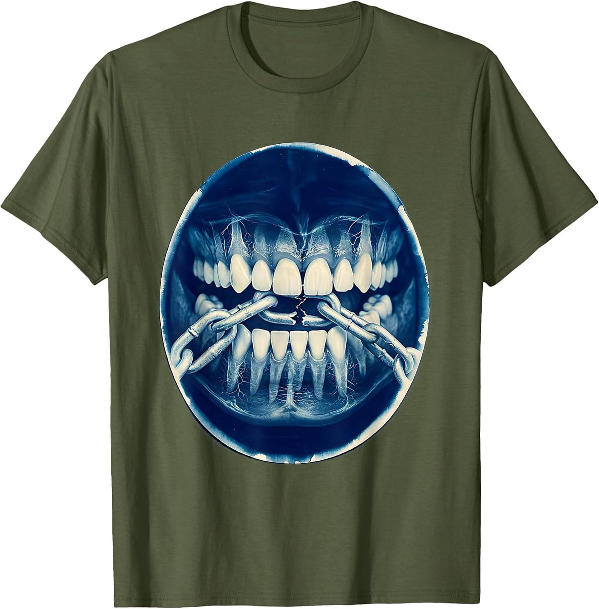 Resist Clenched Teeth Breaking Steel Chain Graphic T-Shirt - Olive Green