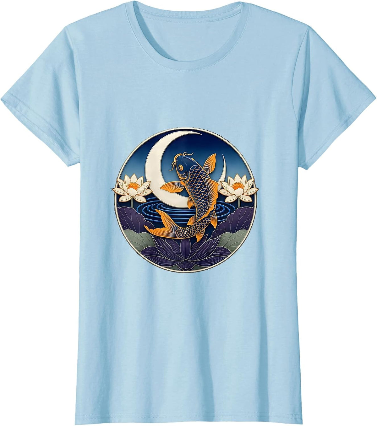Women's Sealed Crescent Koi Ukiyo-e Boho Mystical Nature T-Shirt - Baby Blue
