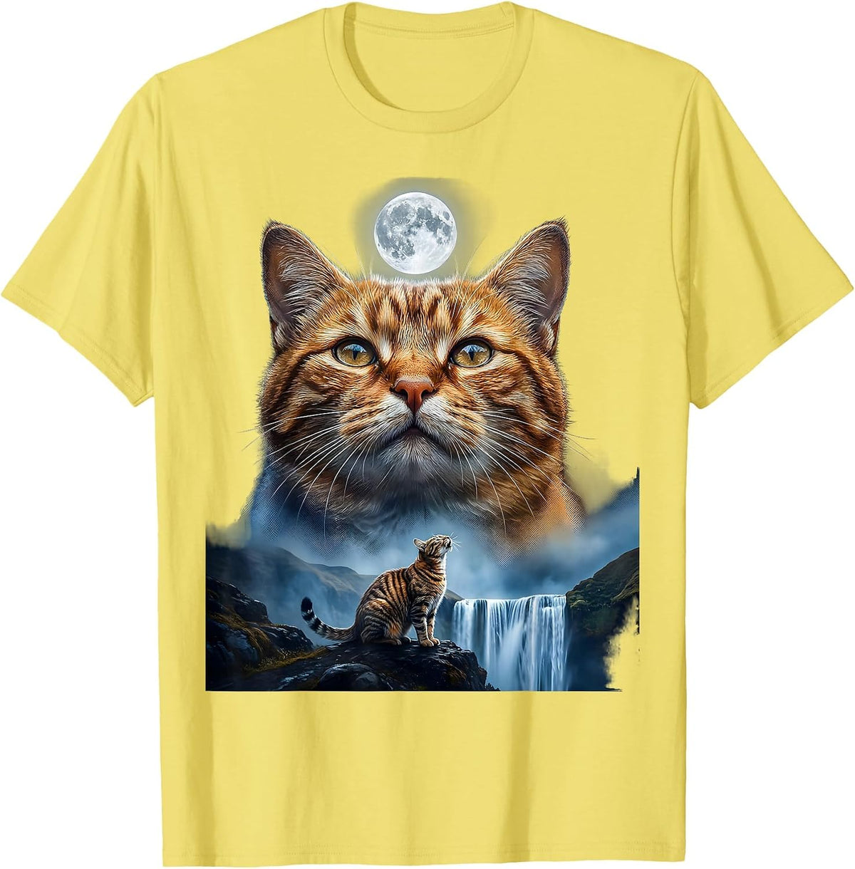 Men's Orange Tabby Cat Howling at Moon 90's Retro T-Shirt - Lemon Yellow
