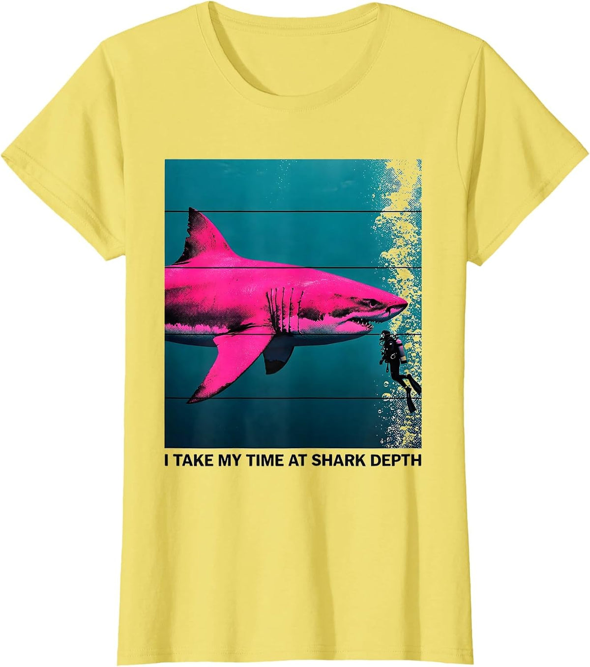 I Take My Time At Shark Depth Risograph Scuba Diver Gift T-Shirt - Lemon Yellow