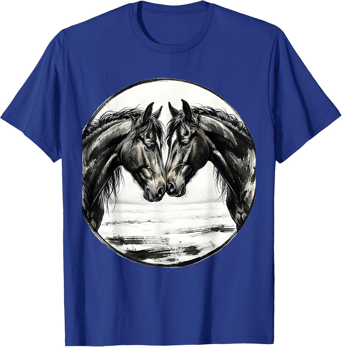 Two Horses Touching Noses in Snowy Field T-Shirt - Royal Blue